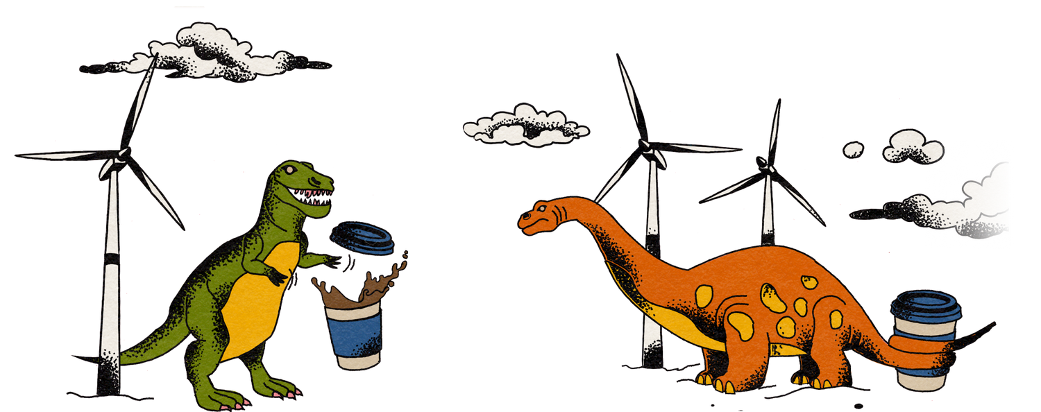 graphic of dinosaurs holding coffee