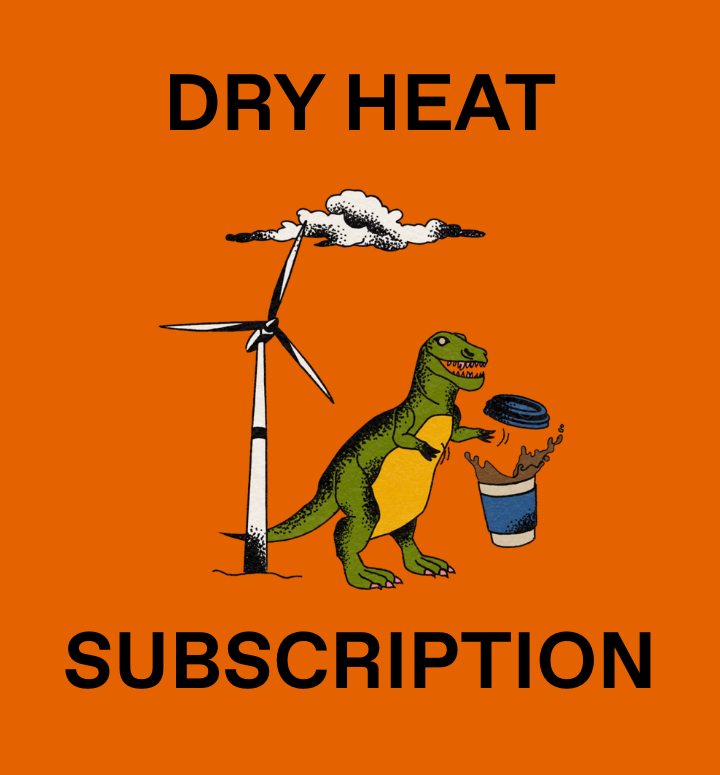 Cartoon dinosaur with a bucket and windmill on an orange background with 'Dry Heat Subscription' text.