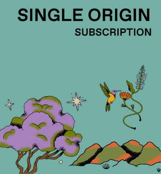 Illustration of a hummingbird and flowers with 'Single Origin Subscription' text on a teal background