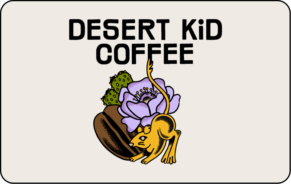 Desert Kid Coffee logo with a coffee bean, flower, and rodent illustration on a white background.