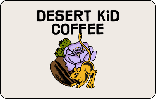 Desert Kid Coffee logo with a coffee bean, flower, and rodent illustration on a white background.