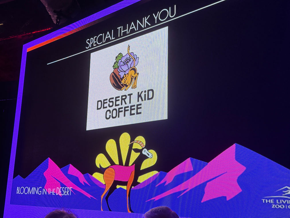 Screen displaying 'Special Thank You' to Desert Kid Coffee with a colorful logo and mountain design.