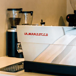 La Marzocco coffee machine with a black container on a light background