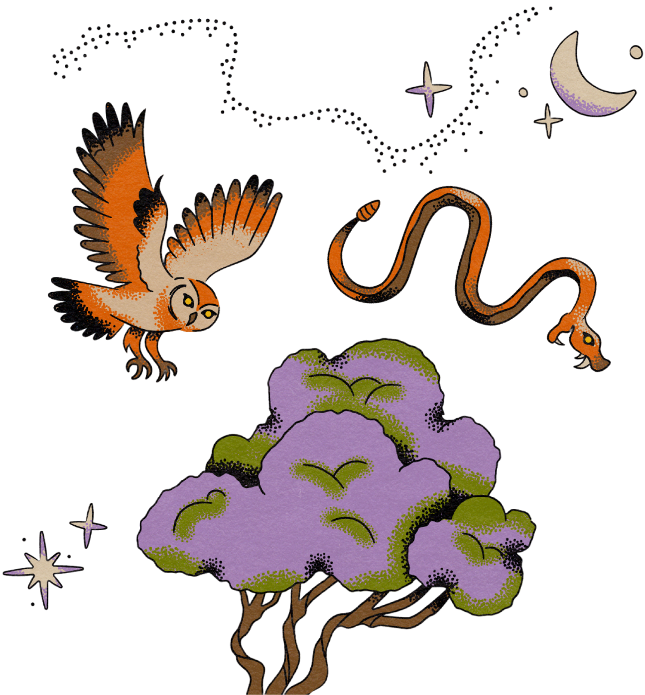 Graphic of an owl, snake and tree