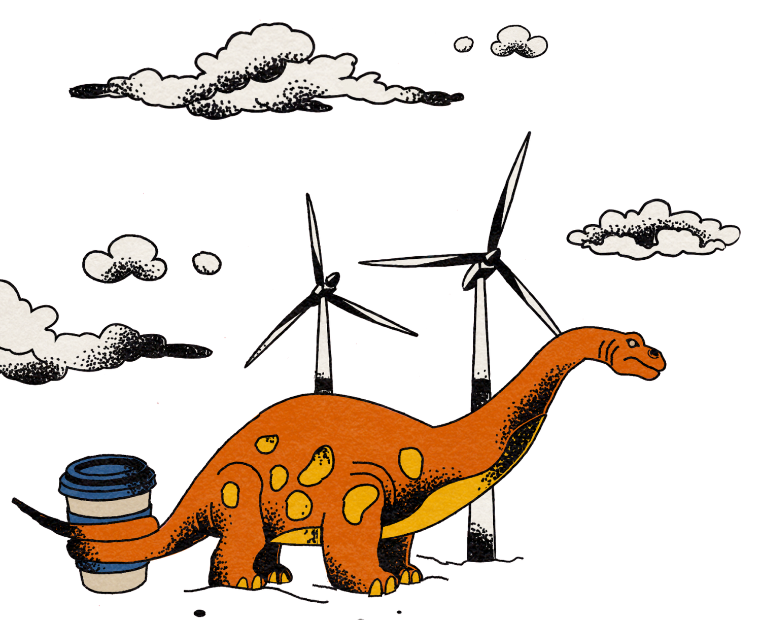 Graphic of a dinosaur holding a coffee cup